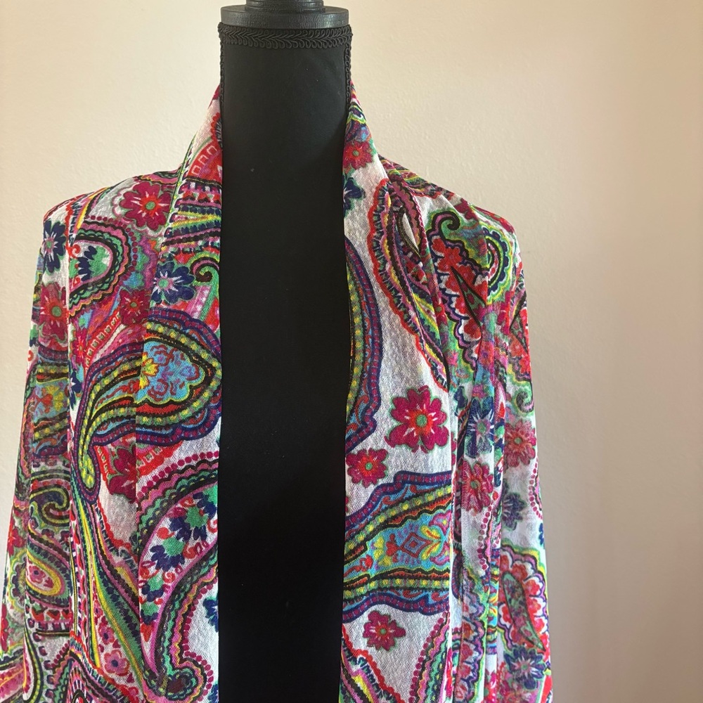 Ali Miles Sz S Multi Color Paisley Mesh Open Front Sheer Cardigan Layering Top - Picture 2 of 11